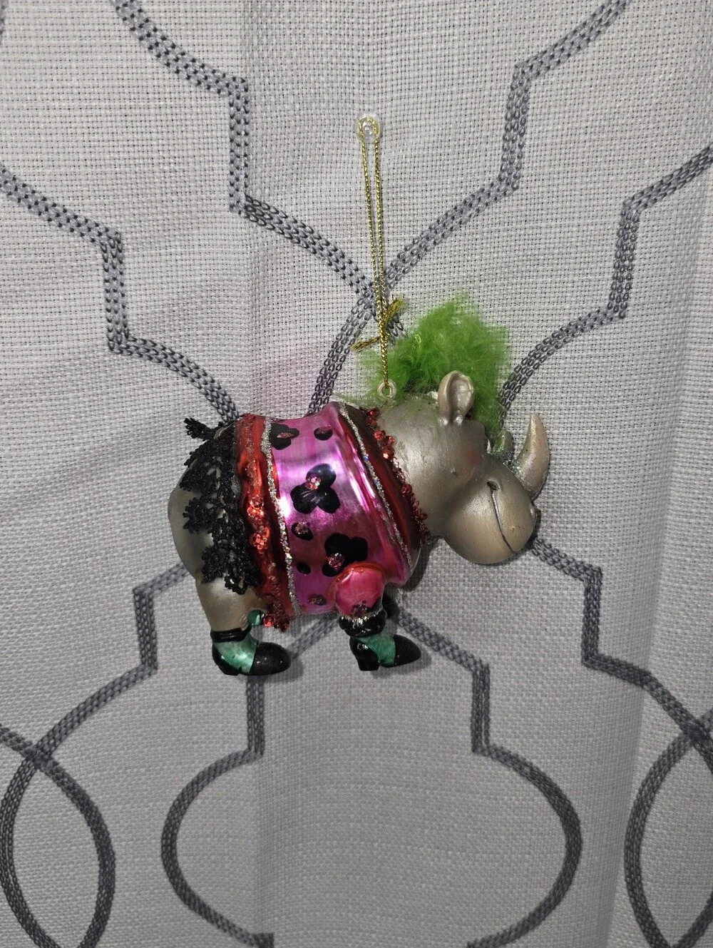Christmas Glass Ornament Lady Sassy Rhino with feathers